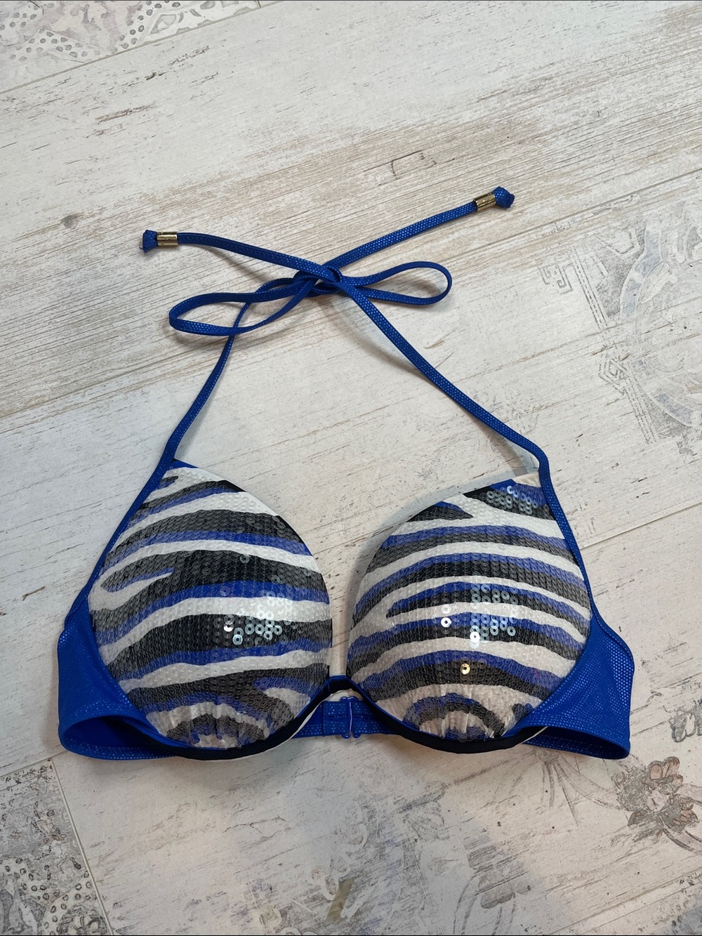 Pink Victoria’s Secret Blue Zebra Sequin Pushup Bikini Top Size Medium